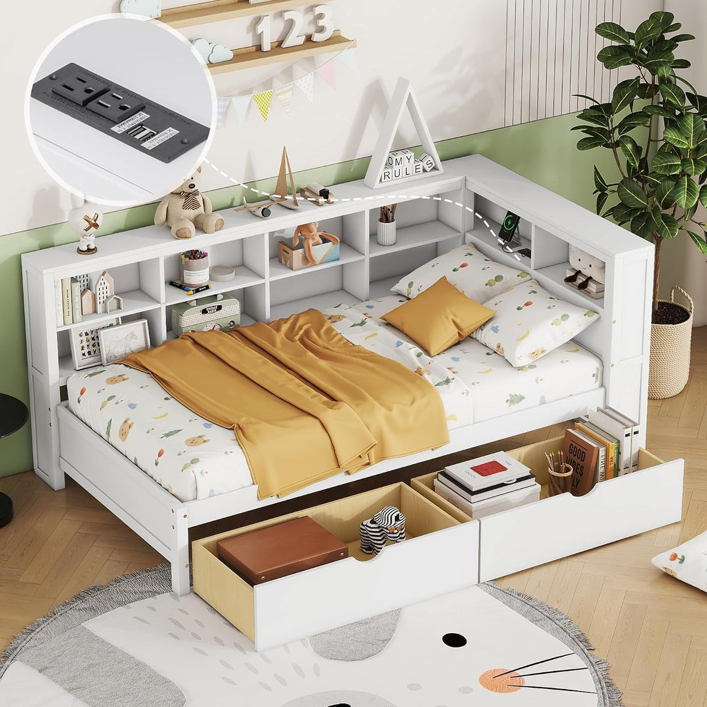 Harper & Bright Designs Twin Size Daybed with 2 Storage Drawers, Wooden Corner Bed Frame with Storage Shelf and USB Charging Ports for Kids Teens, White