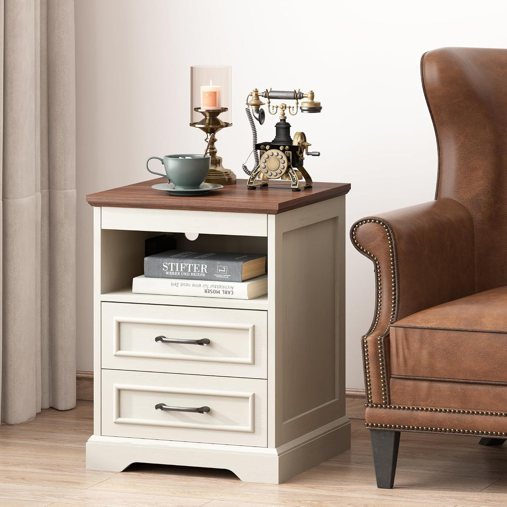 Gadroad 18' Farmhouse Accent Nightstand with Charging Station, End Table with 3 Drawers Storage, Side Table, Bedside Cabinet for LivingRoom Bedroom Office, Brown
