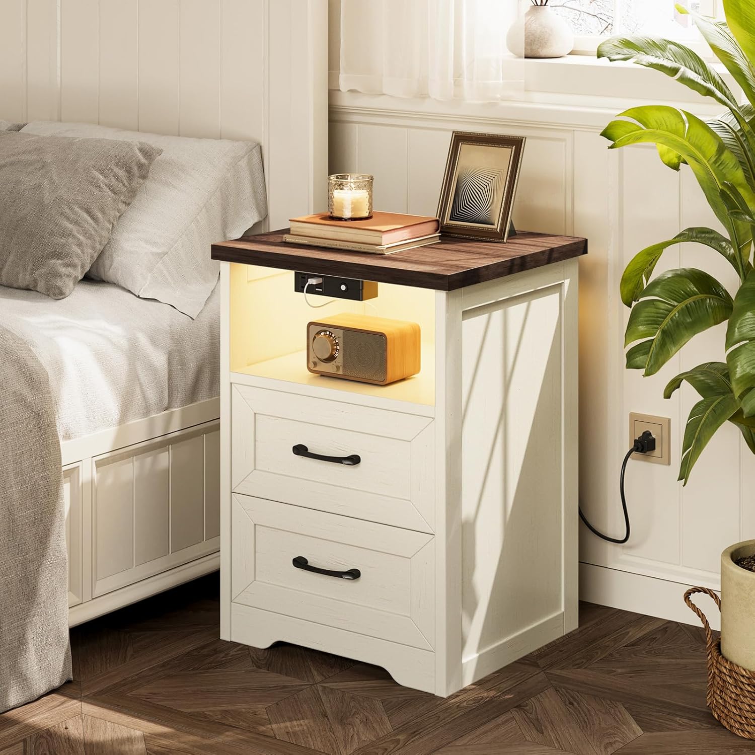 AODK Farmhouse Nightstand Set of 2, Bedside Tables with Charging Station & LED Lights, End Tables with Two Drawers and Open Storage, Rustic Bed Side Tables for Bedroom, Rustic White & Walnut