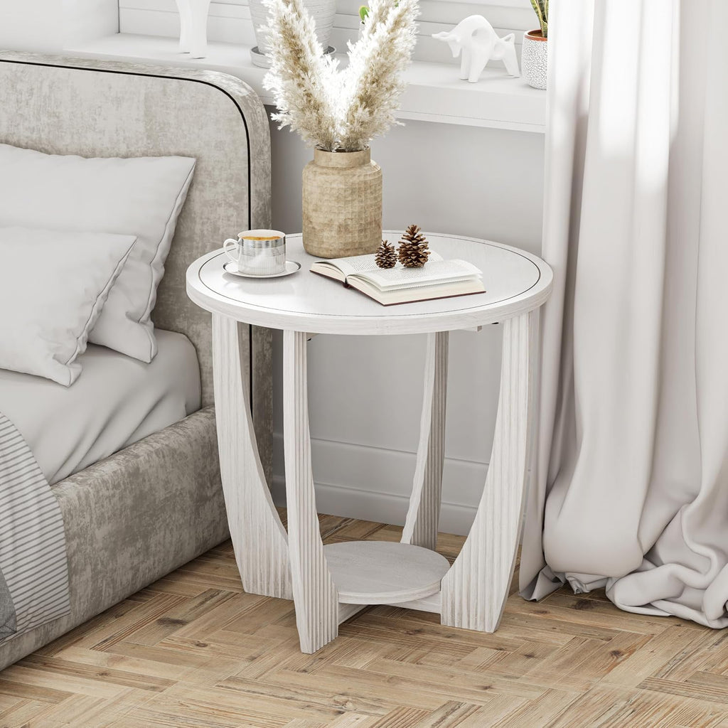 COZAYH Rustic Farmhouse end Table X 2P with Storage Shelf, French Country Accent Side Table for Family, Dinning or Living Room, Small Spaces, Modern, Round, White