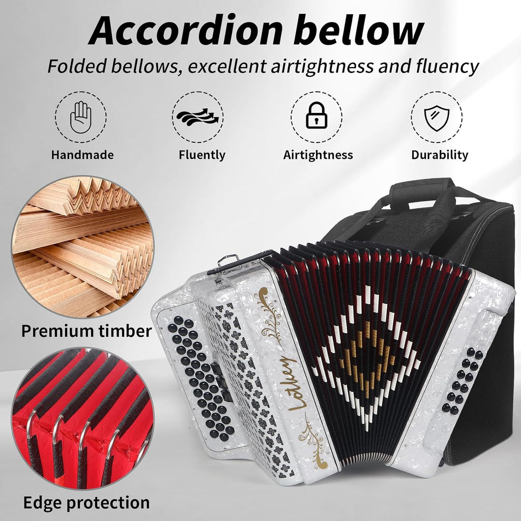 Lotkey 34 Key Diatonic Accordion, 3412 Multi Tone Celluloid Accordions Louder Clearer Timbre than Plastic for Adult, Beginner, Professional with Updated Bag, Straps, Acordeón Wrist Guard (FBE White)