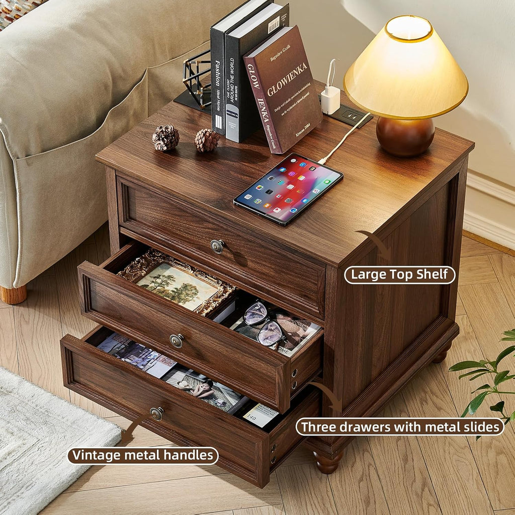 Joaxswe Farmhouse Nightstand Set of 2 with Charging Station, 24' Wide End Table with 3 Drawers,Dresser for Bedroom,Bed Side Table Chest of Drawers Cabinet,Wood Brown Night Stand for Living Room