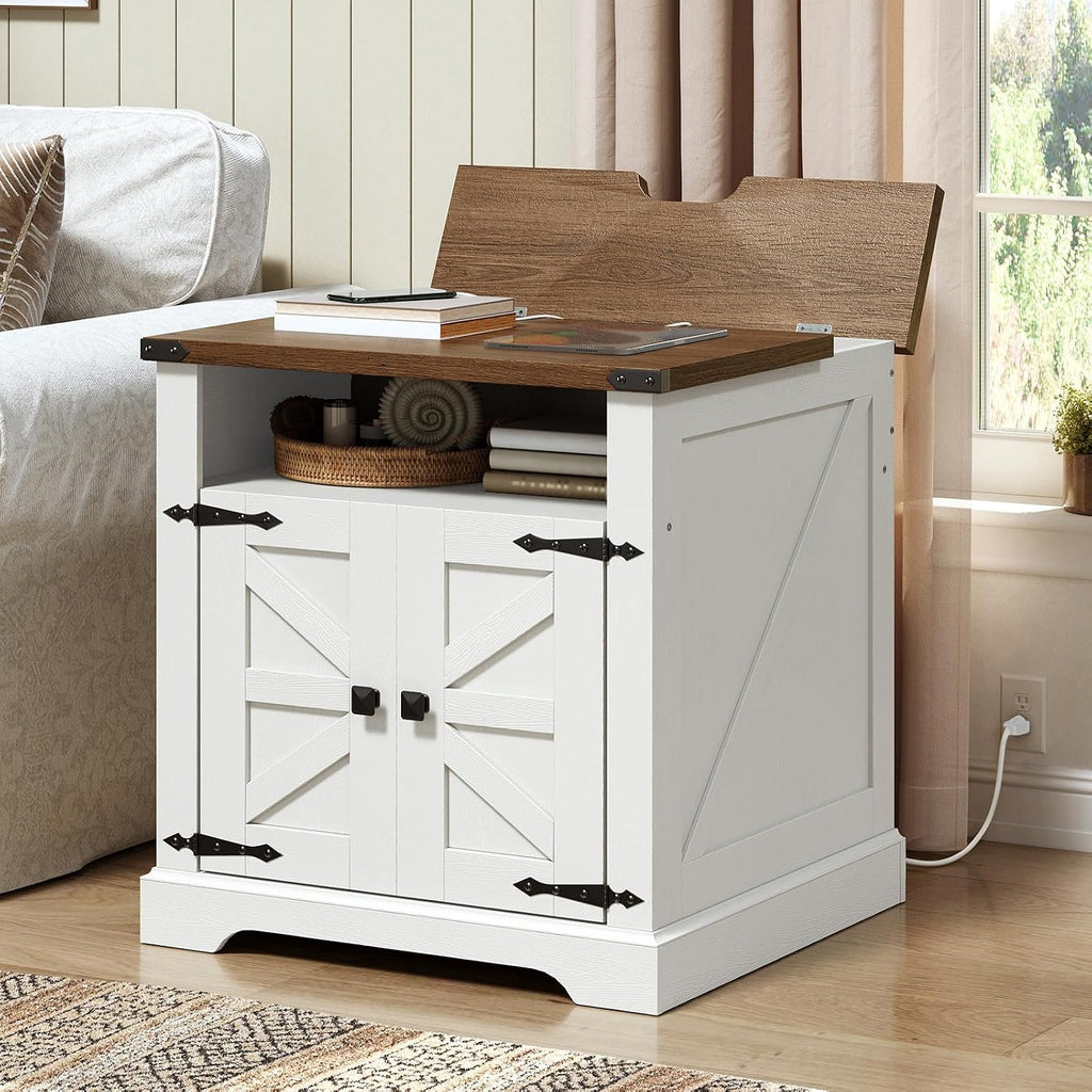 HOOBRO Farmhouse End Tables Set of 2 with Charging Station, 23.6' Large End Table for Living Room, Sofa Side Table with Barn Door, Wooden Square Nightstand Bedside Table, White and Walnut WH601UBZP201