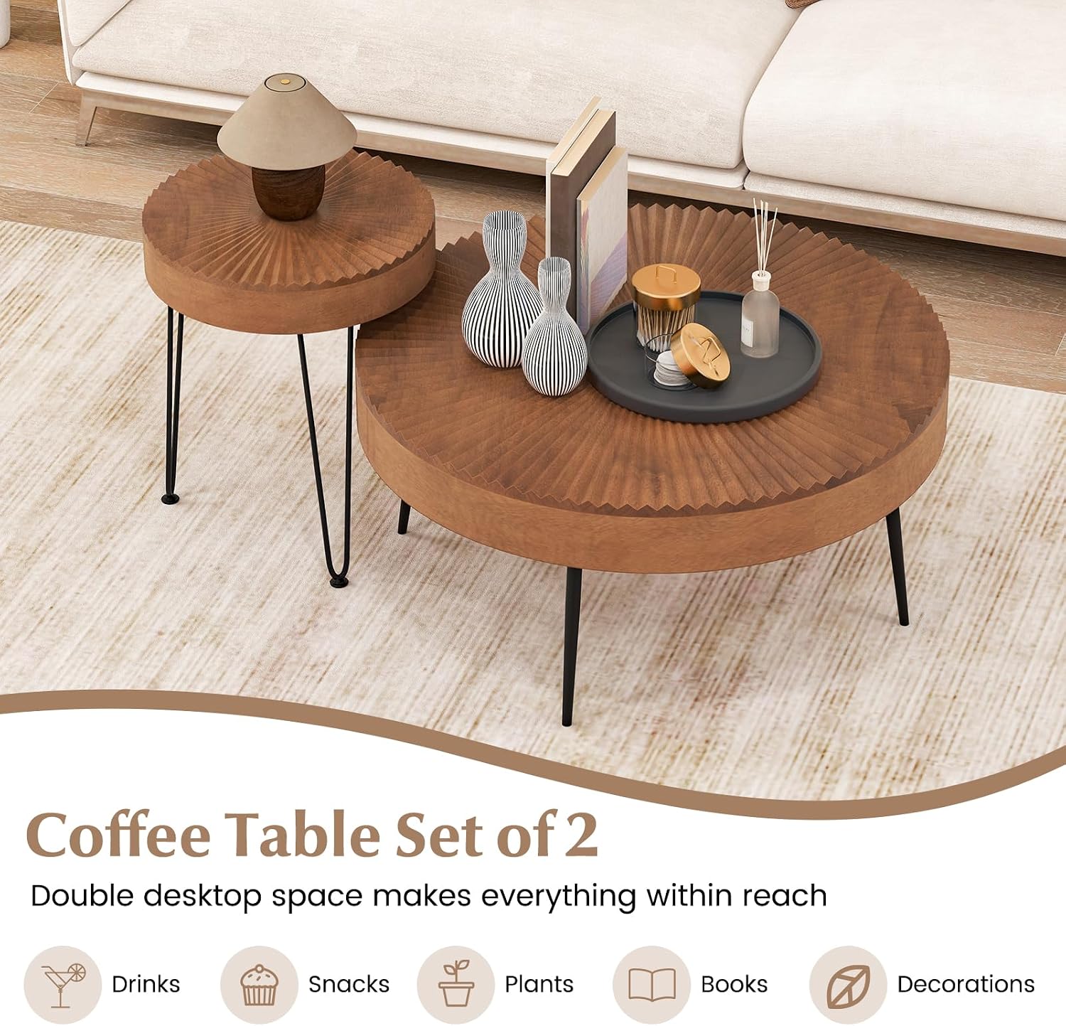 Giantex Boho Round Coffee Table Set of 2, Sofa Side Nesting Table with Solid Pine Wood Top, Metal Legs & Adjustable Foot Pads, 31.5' D Large Table Set for Living Room (Radial Pattern, Brown)