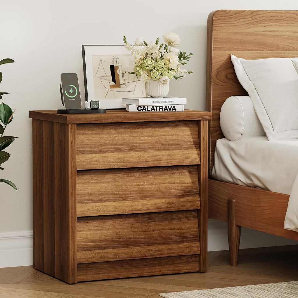23' Wide Nightstand Set of 2 with Charger Station, Wood Night Stand with 3 Drawers, Modern Bedside Table with USB Ports and Outlets, Storage Bed Side End Table for Bedroom, Living Room (Walnut)