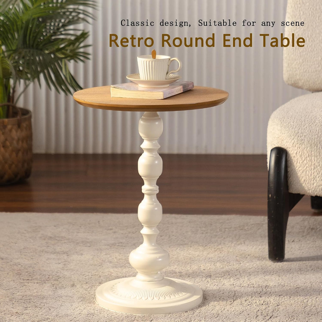 Small Round End Table, French Country Pedestal Accent Table with Wood Top & Vintage White Base, Farmhouse Side Table for Living Room, Bedroom, Small Spaces, 15.75' W x 20.87' H