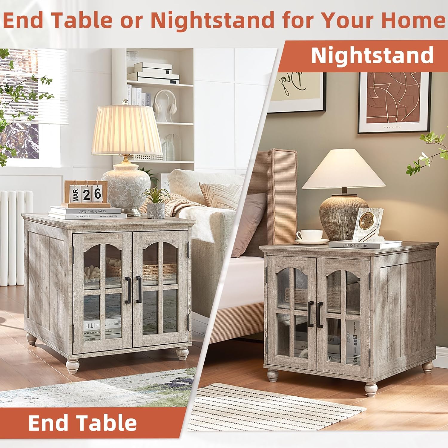 RWYHG Farmhouse End Table with Charging Station,24' Large Sofa Side Table with Glass Barn Door,Rustic Wood Night Stand with Adjustable Storage Shelf,Square Bedside Table for Living Room,Bedroom Office