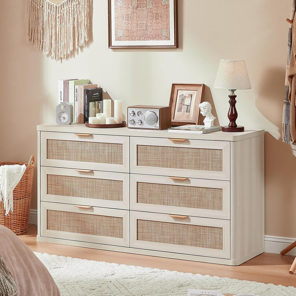LEYAOYAO Rattan 6 Drawer Dresser for Bedroom Set of 2, Boho 54' Wide White Dresser Chest of Drawers, Dressers TV Stand with Metal Handle, Storage Dressers Closet Organizer for Living Room, Hallway