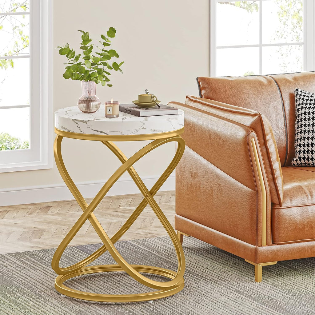 Tribesigns End Tables Living Room Set of 2, 26 Inches White and Gold Faux Marble Top Nightstands Sofa Side Table with Double X-Shaped Ring Unique Design for Bedroom