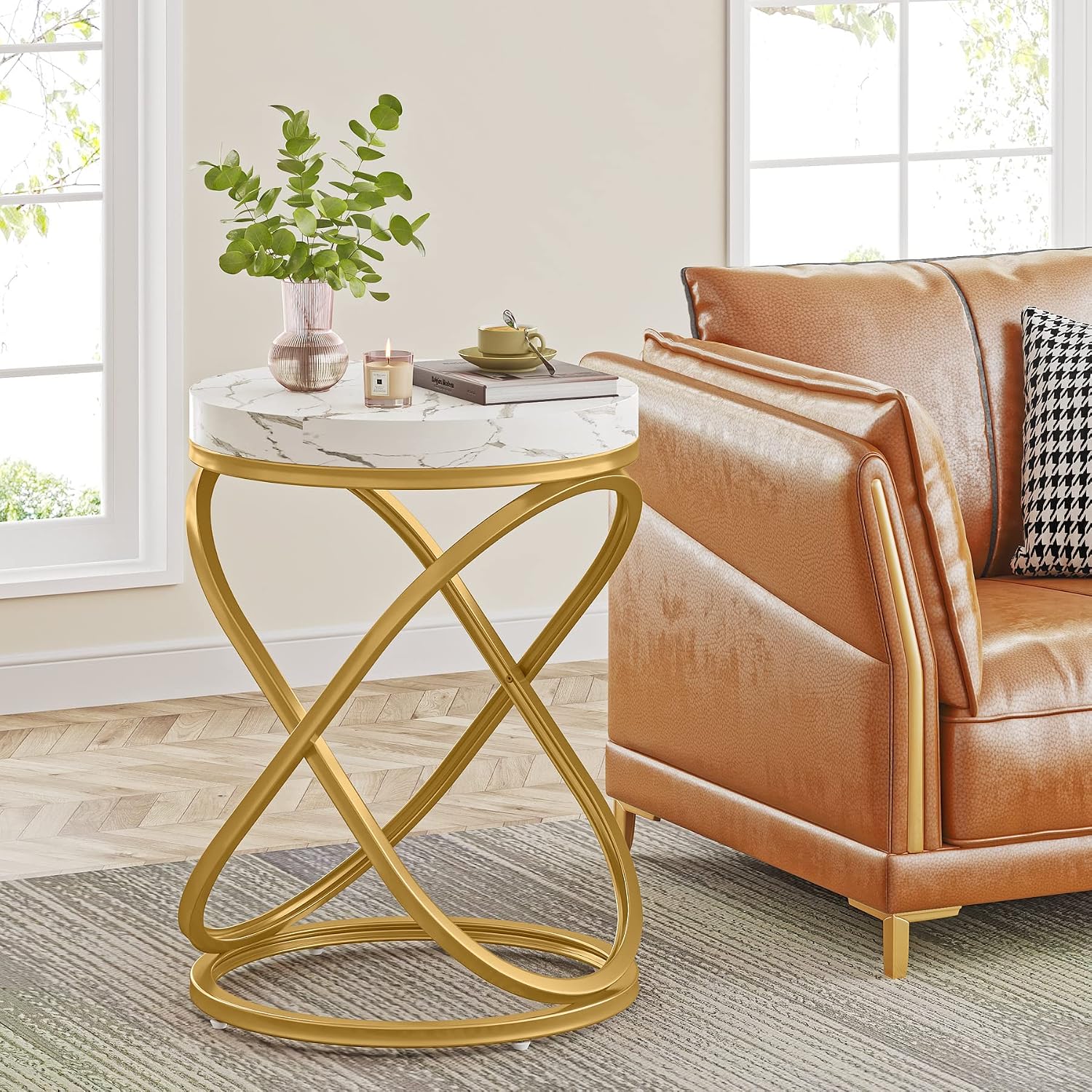 Tribesigns End Tables Living Room Set of 2, 26 Inches White and Gold Faux Marble Top Nightstands Sofa Side Table with Double X-Shaped Ring Unique Design for Bedroom