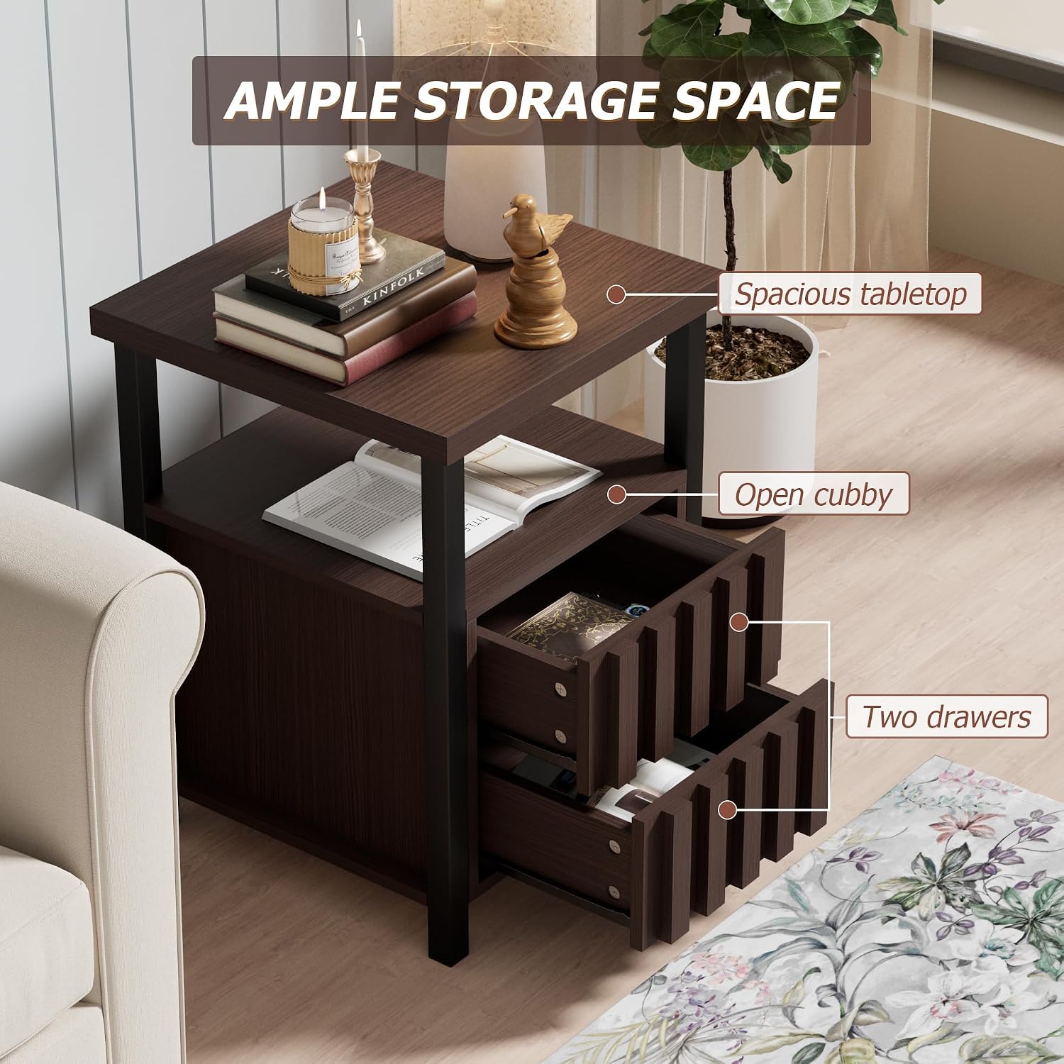 UEV Mid Century Modern 3-Piece Living Room Set, Walnut TV Stand Cabinet and 2 End Tables Set, Nightstand Set of 2, Wood Fluted TV Stand Sofa Side Table with 2 Drawers and Open Shelf for Living Room