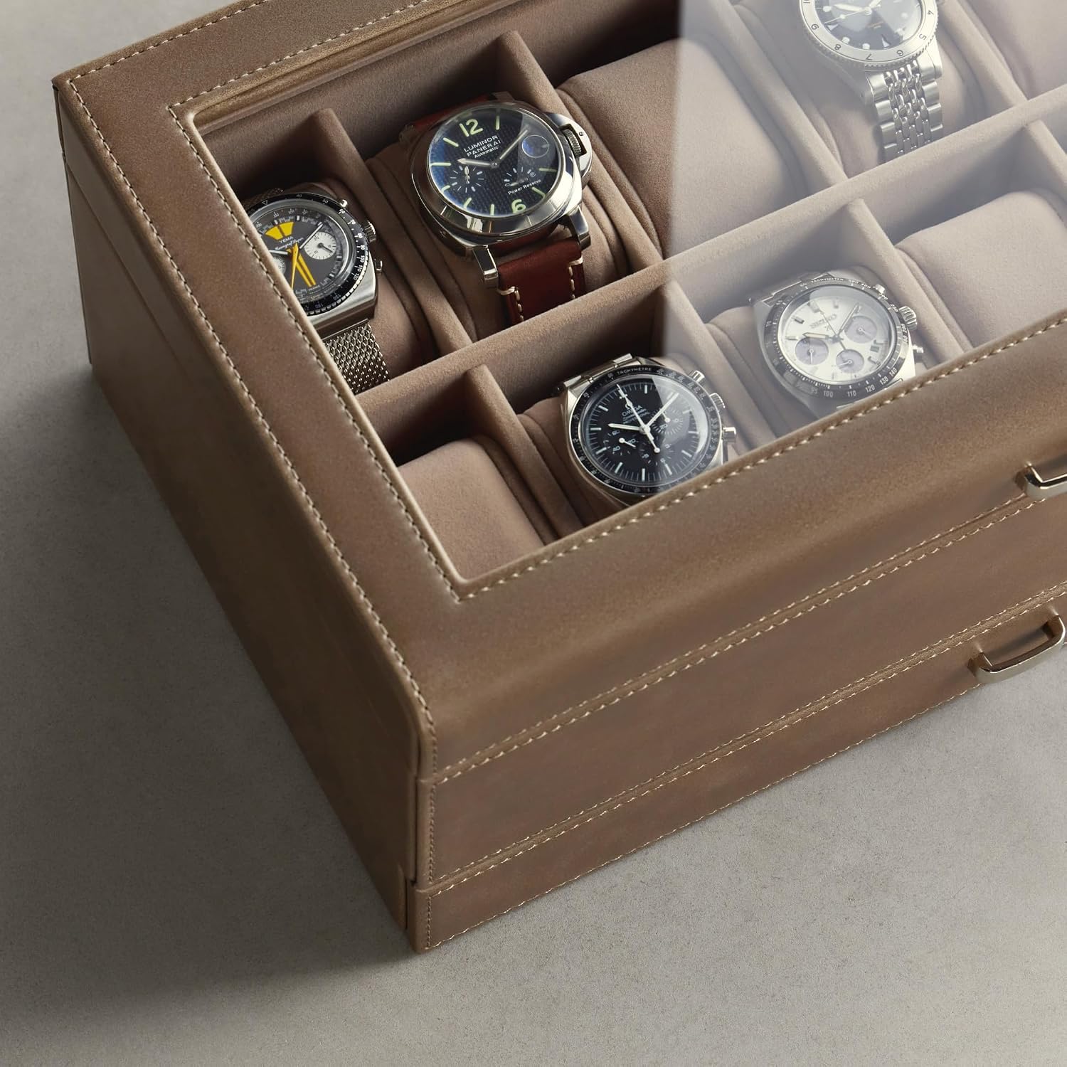 TAWBURY 12 Slot Watch Box with Storage Drawer – Premium Watch Storage Case for Men & Women | Handcrafted from PU Leather & Engineered Wood (Taupe)