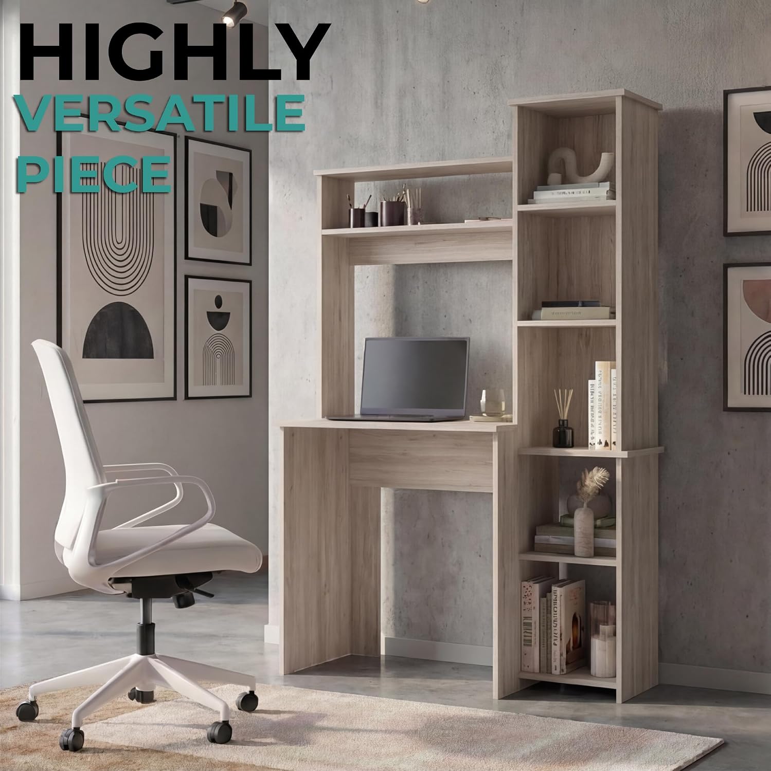 Tuhome Versalles Writing Desk with Two Superior Shelves, Five Side Open Storage Compartments, Space-Saving Modern Workstation Design for Studios and Offices, Ideal for Organization