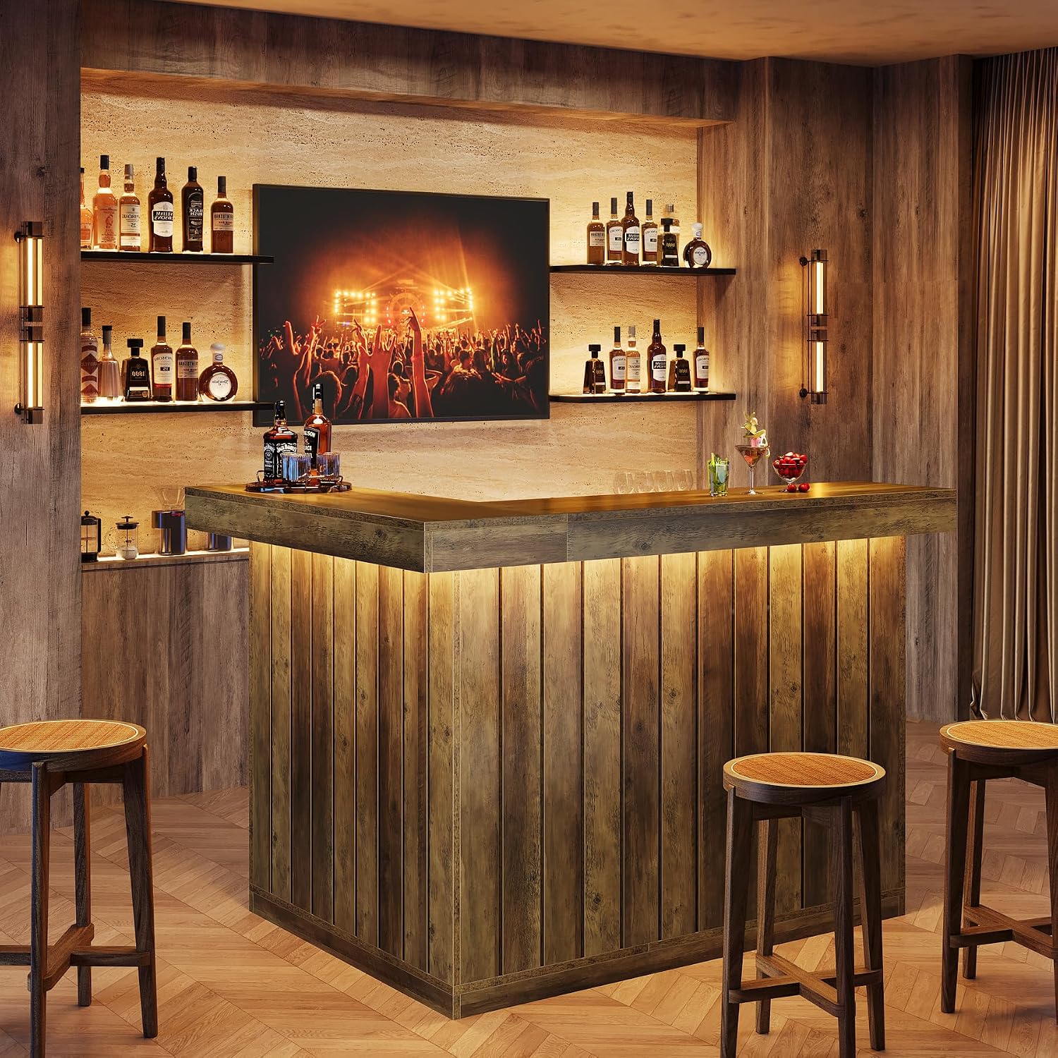 Tribesigns L-Shaped Home Bar Unit, 4-Tier Corner Liquor Bar Table with Storage Shelves and Wine Glasses Holder, Industrial Wine Cabinet Reception Desk for Home Pub (2, Brown)