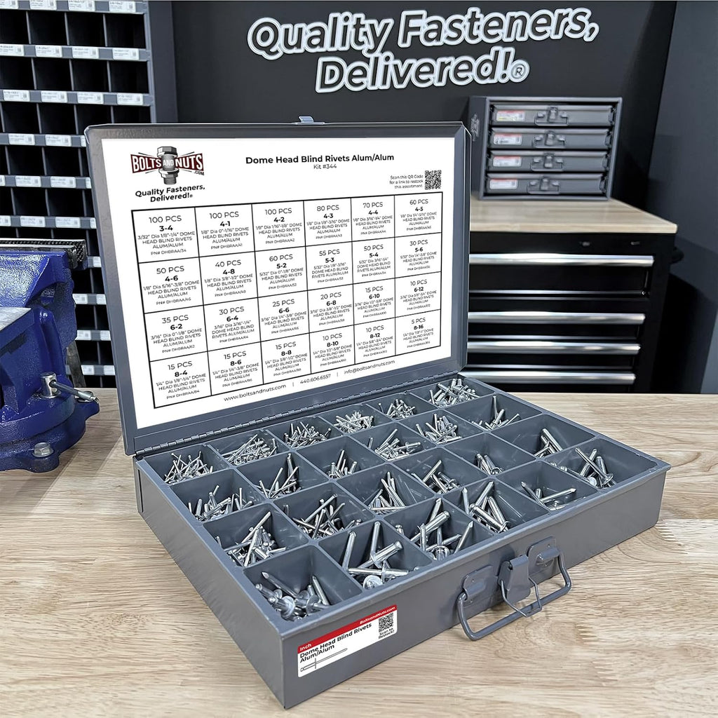 Dome Head Blind Pop Rivets Alum/Alum Mandrel Zinc Clear Assortment - 1001PCS