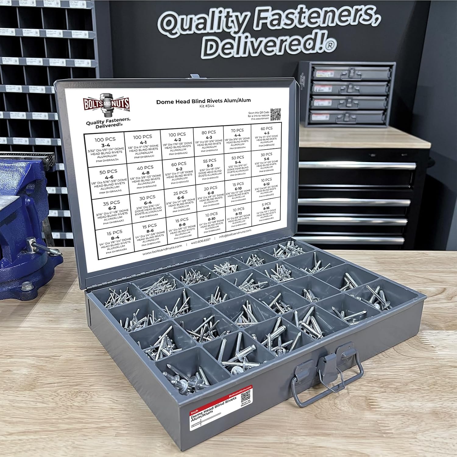 Dome Head Blind Pop Rivets Alum/Alum Mandrel Zinc Clear Assortment - 1001PCS