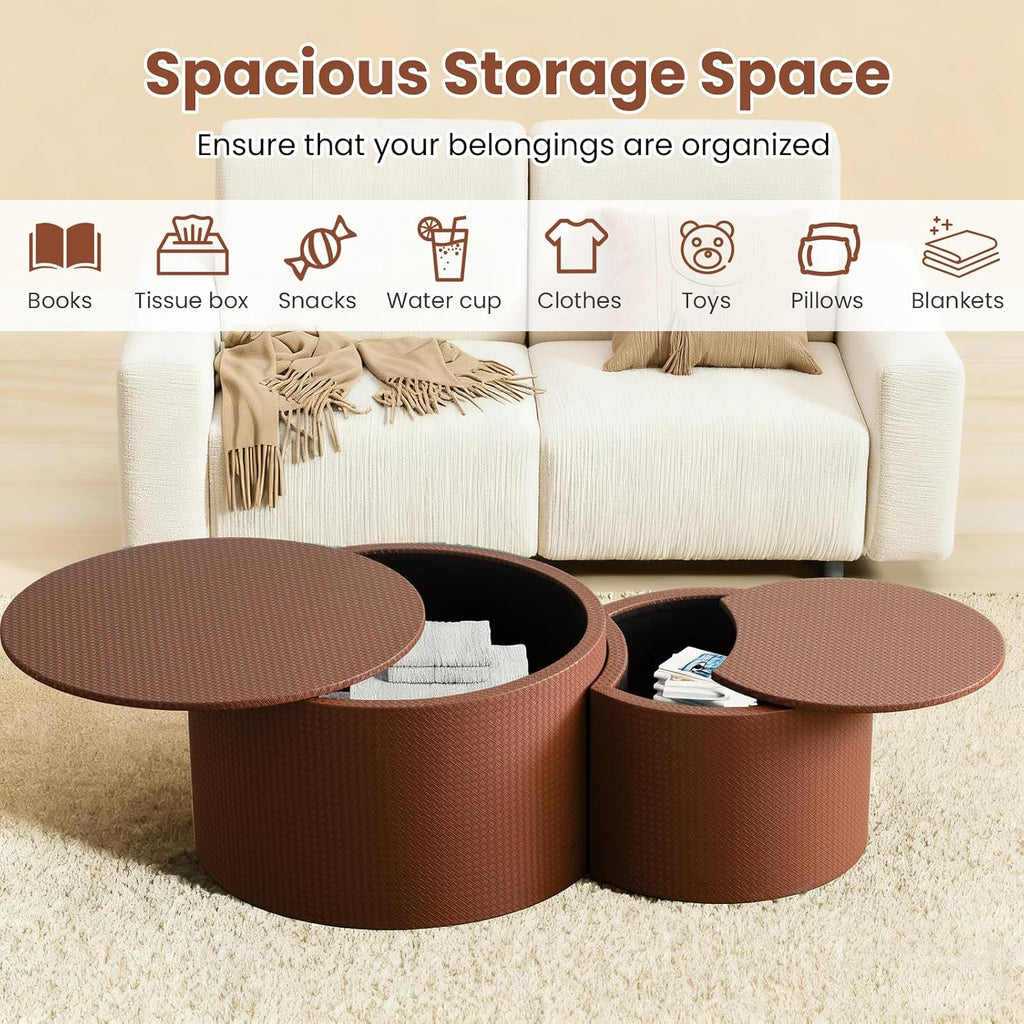 Round Nesting Coffee Table Set of 2 with Storage Modern Wood Coffee Table MDF Frame and Leather Surface Center Table End Side Table for Living Room Bedroom Office, No Assembling (Brown)