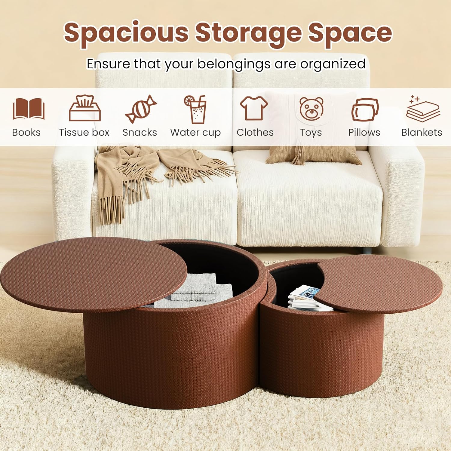 Round Nesting Coffee Table Set of 2 with Storage Modern Wood Coffee Table MDF Frame and Leather Surface Center Table End Side Table for Living Room Bedroom Office, No Assembling (Brown)