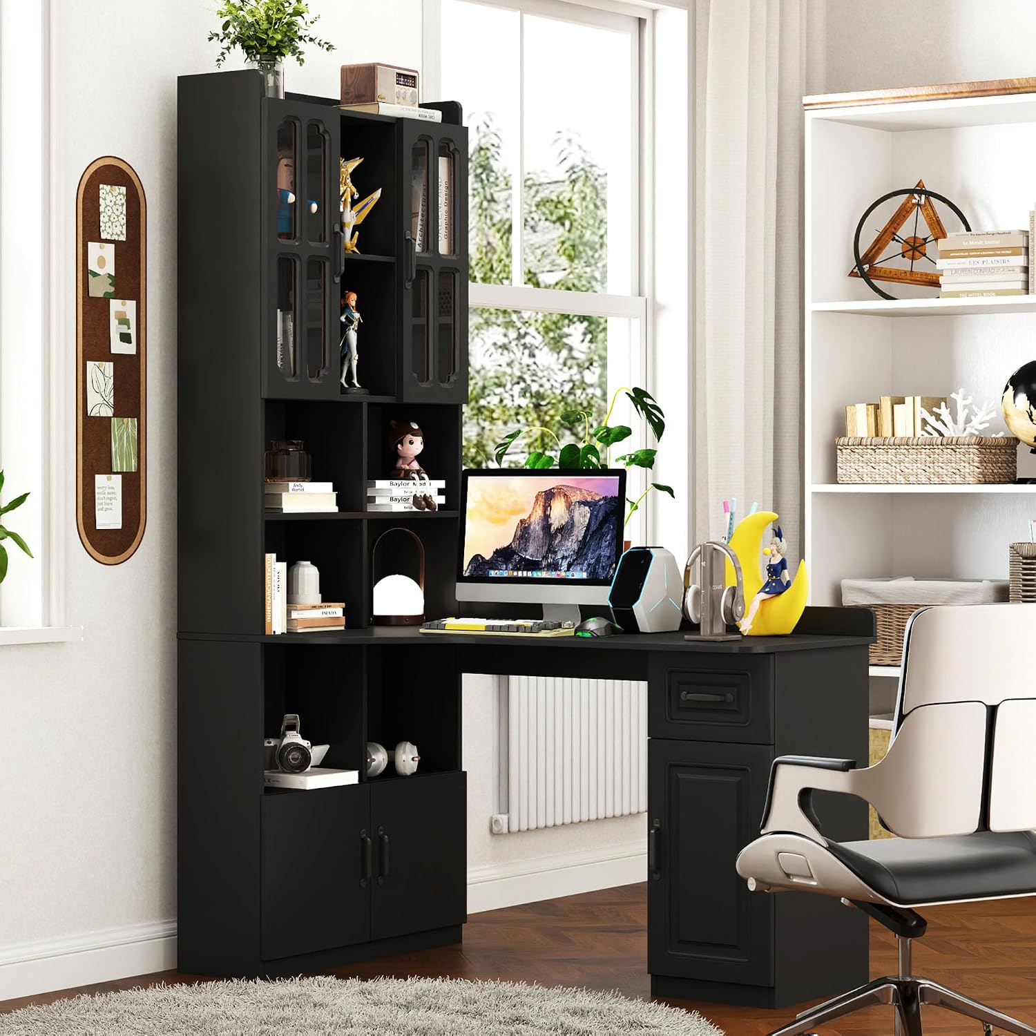 l Shaped Desk with Hutch & Drawers, Small Corner Desks for Small Space Home Office, Farmhouse Desk and Bookshelf Combo with Storage (Black)