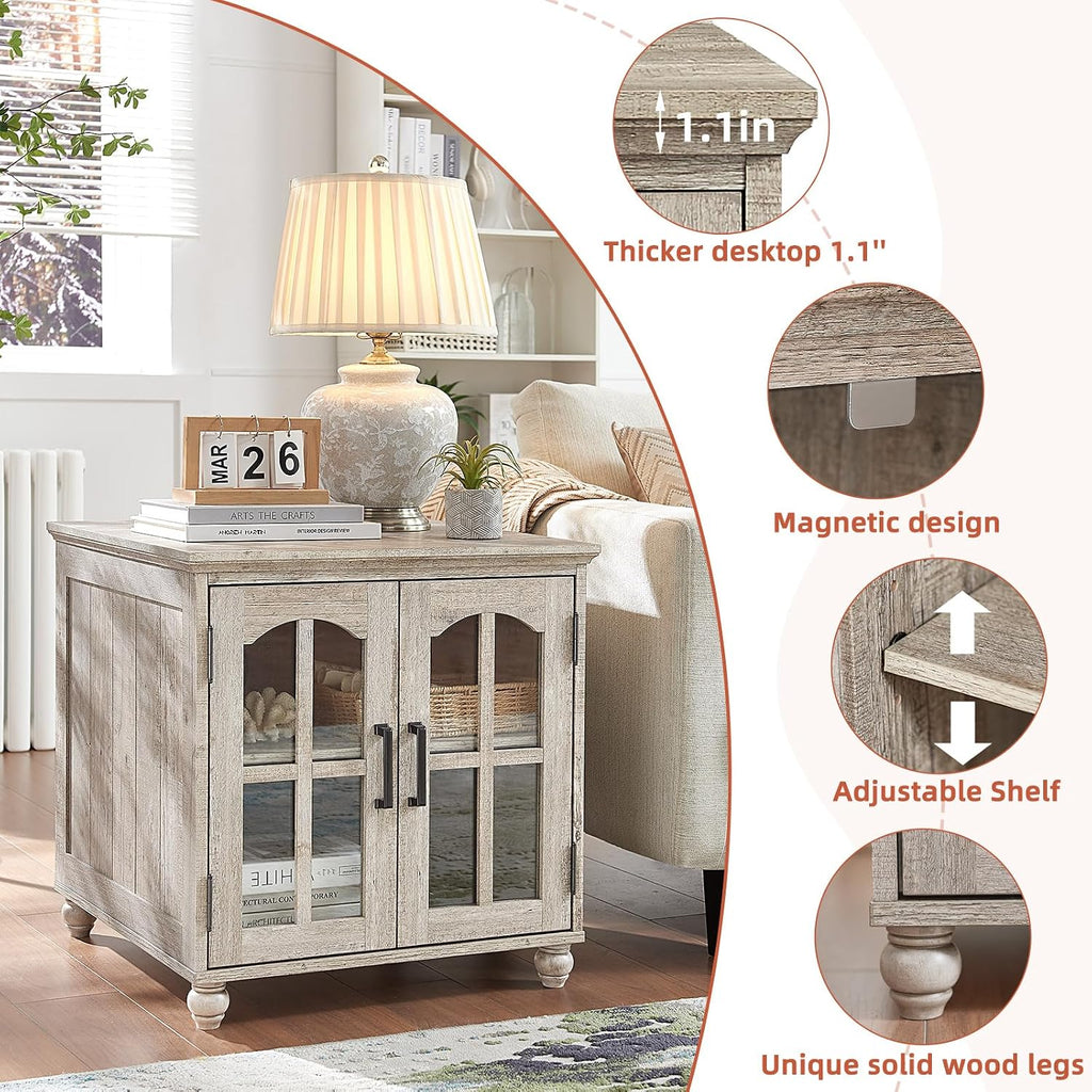 RWYHG Farmhouse End Table with Charging Station,24' Large Sofa Side Table with Glass Barn Door,Rustic Wood Night Stand with Adjustable Storage Shelf,Square Bedside Table for Living Room,Bedroom Office