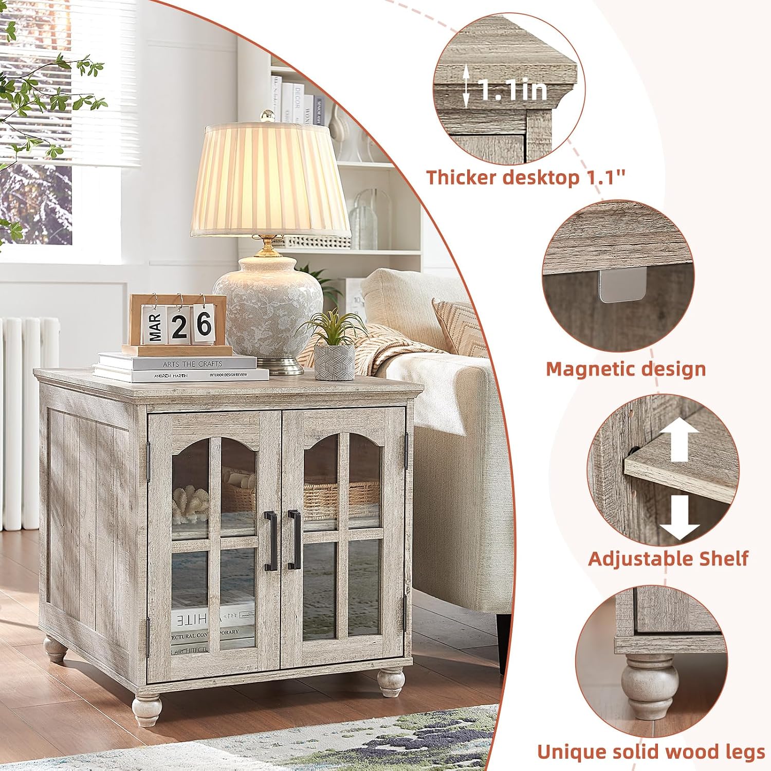 RWYHG Farmhouse End Table with Charging Station,24' Large Sofa Side Table with Glass Barn Door,Rustic Wood Night Stand with Adjustable Storage Shelf,Square Bedside Table for Living Room,Bedroom Office