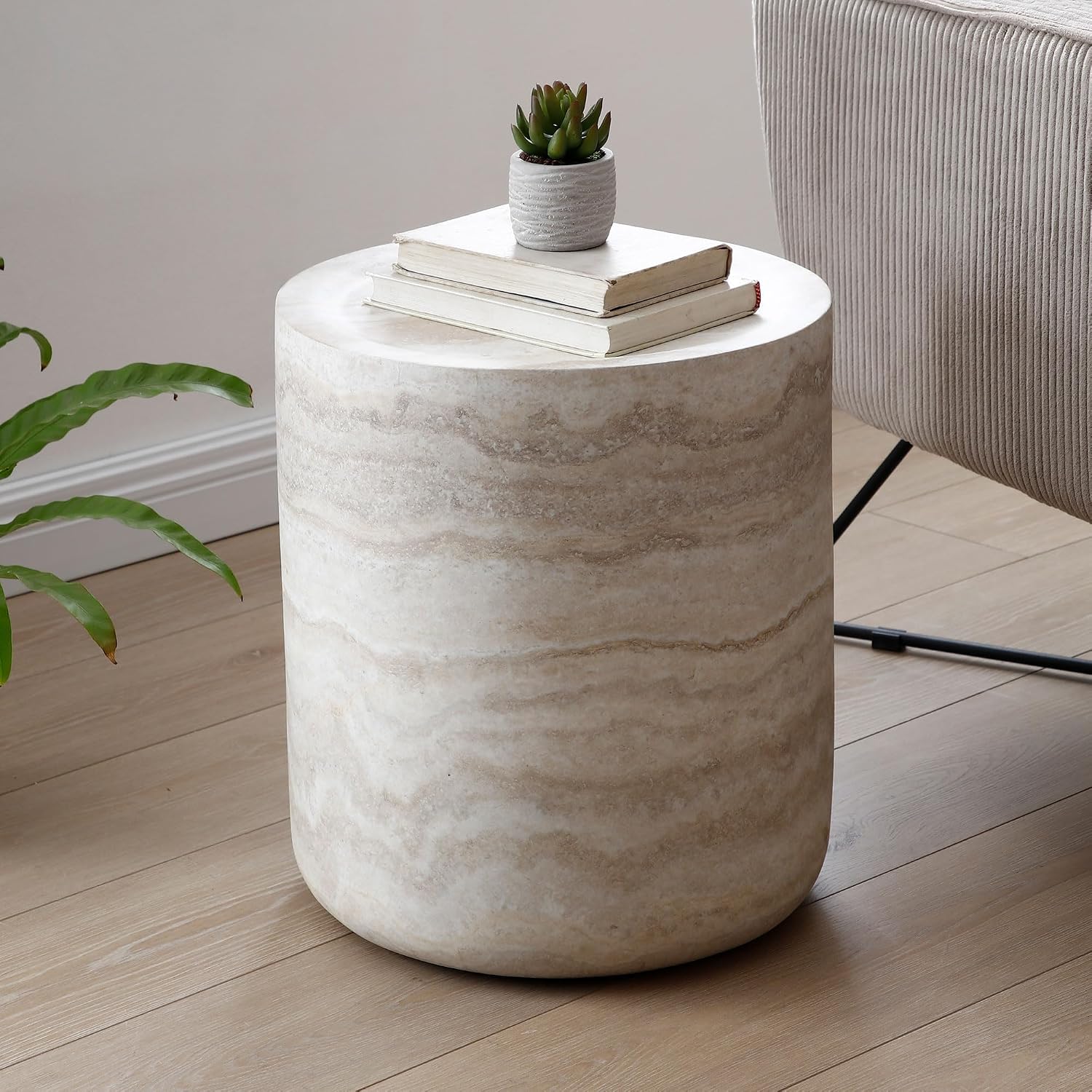 Modern Drum-Shape Side End Table for Living Room 15.74' Round Sofa Side Table Light Sand Color Circle Small Coffee Table for Home Office, Fully Assembled