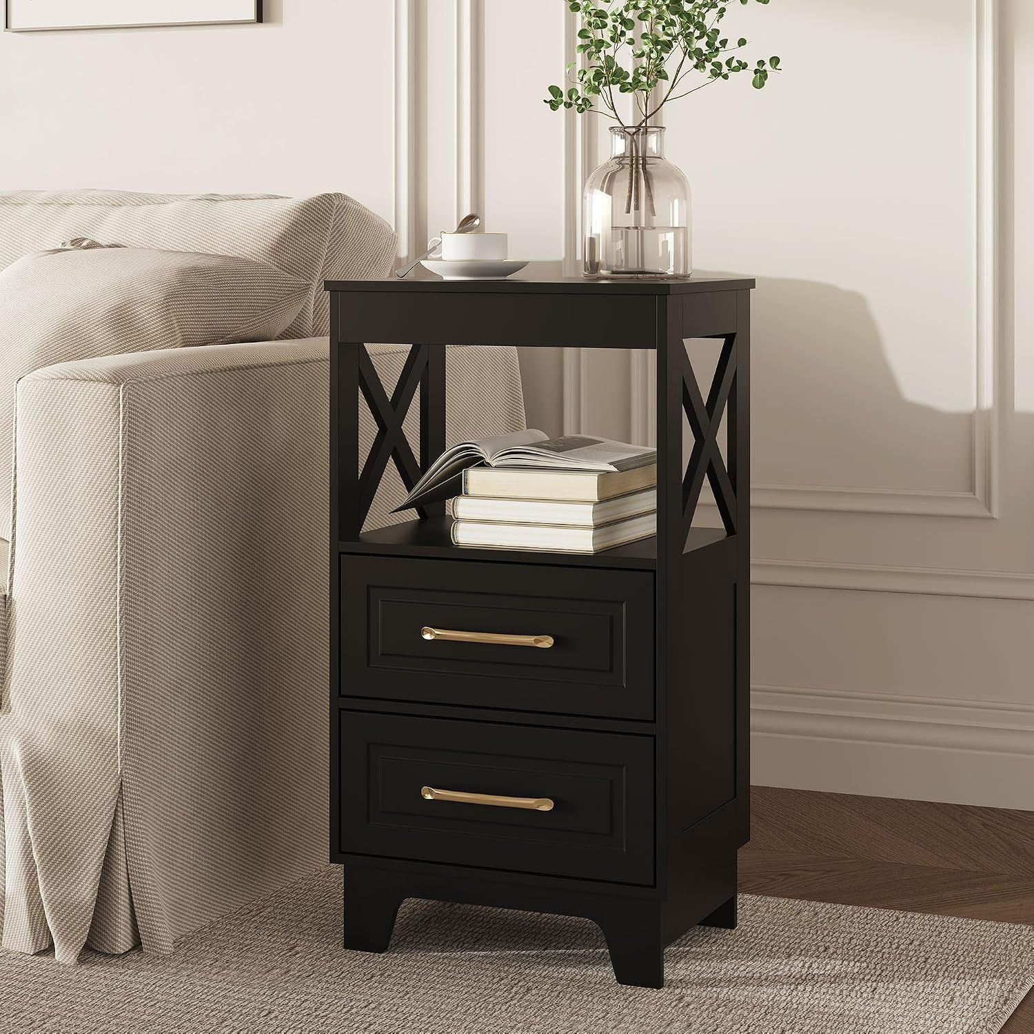 Tall Nightstand Set of 2 Side Table with 2 Drawers Modern Night Stand Wooden End Table Bedside Table with Upper Open Shelf Solid Feet for Bedroom Black