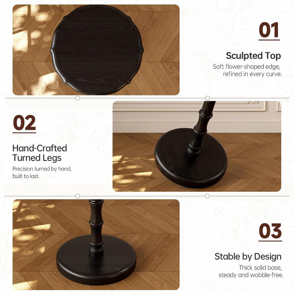 100% Solid Wood Round Pedestal Side Table, Vintage End Table for Living Room Bedroom, Heavy-Duty Antique Accent Table for Corner Spaces, Small Bedside Nightstand, 5-Min Assembly, Black