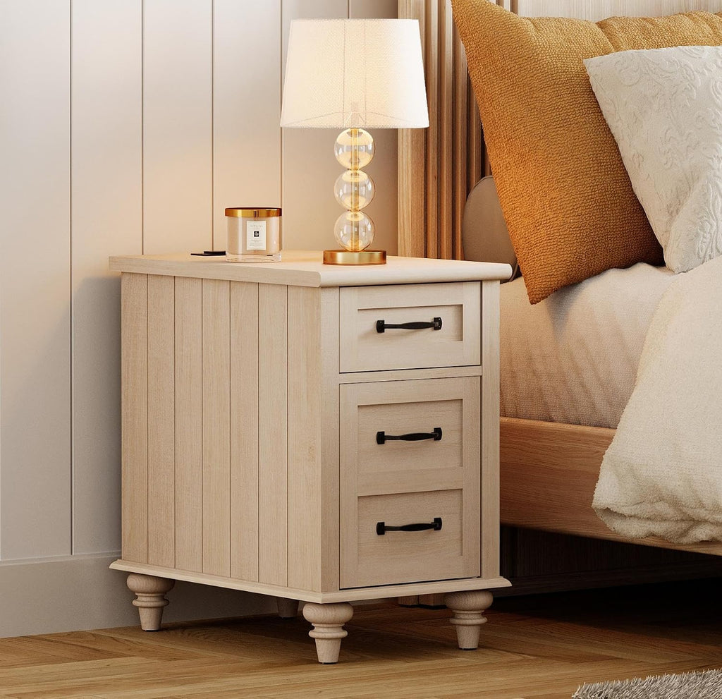 WAMPAT Set of 2 End Tables with Charging Station, Beige Tall Side Table with Storage Cabinet & Drawer, Wooden Nightstands with Power Outlets & USB Ports for Bedroom, Living Room