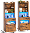 AOGLLATI Tall Night Stand Set of 2, Nightstand with Charging Station and LED Lights, Rustic Brown Bedside Table with Bookshelf, 3 Drawers and Open Shelves, Modern End Side Table for Bedroom