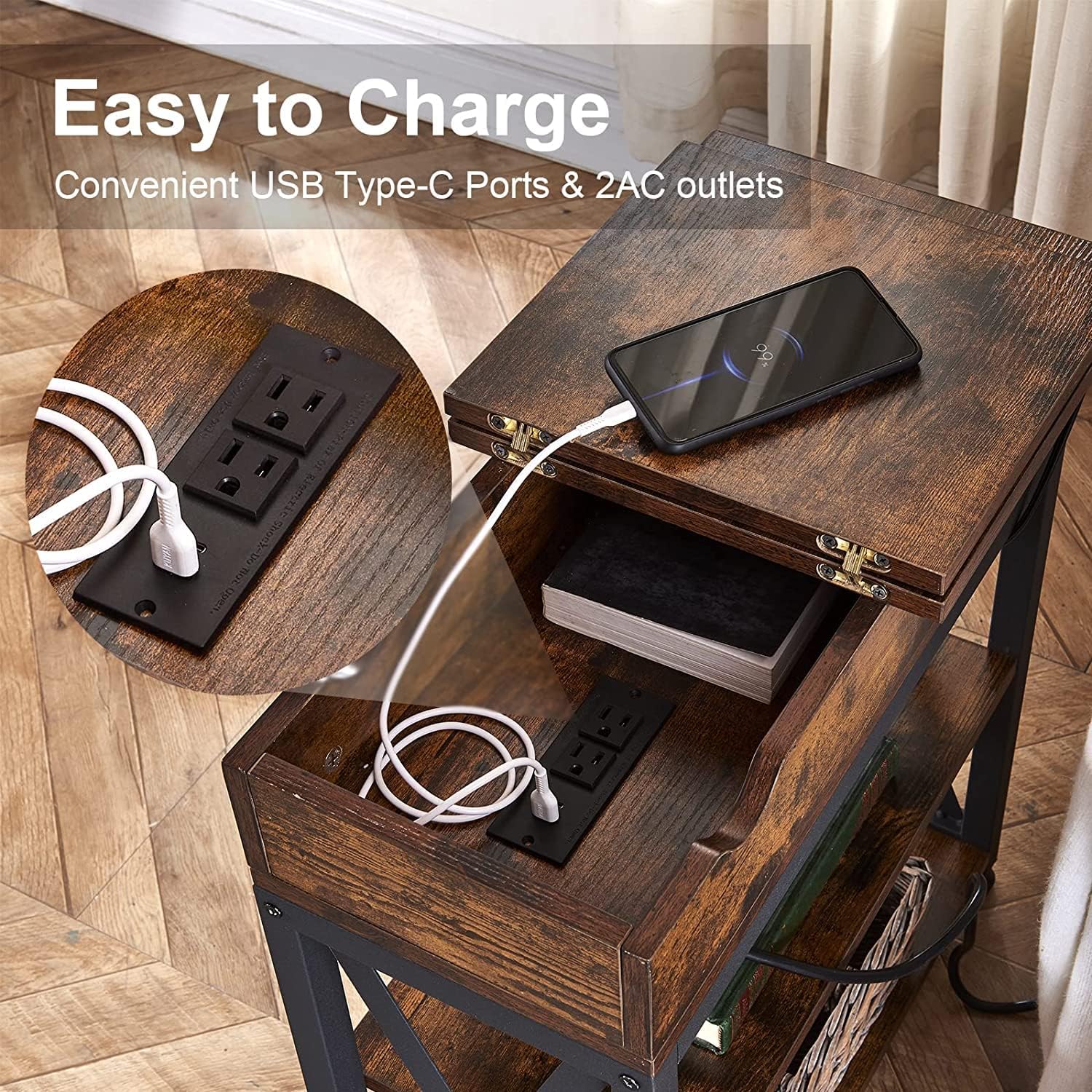 Dungoo Floor Lamp with Table, Narrow End Table with Lamp, Bedside Nightstand with USB & Type-C Ports and 2 Outlets, Rustic Side Table with Storage Shelf, End Table with Lamp for Living Room