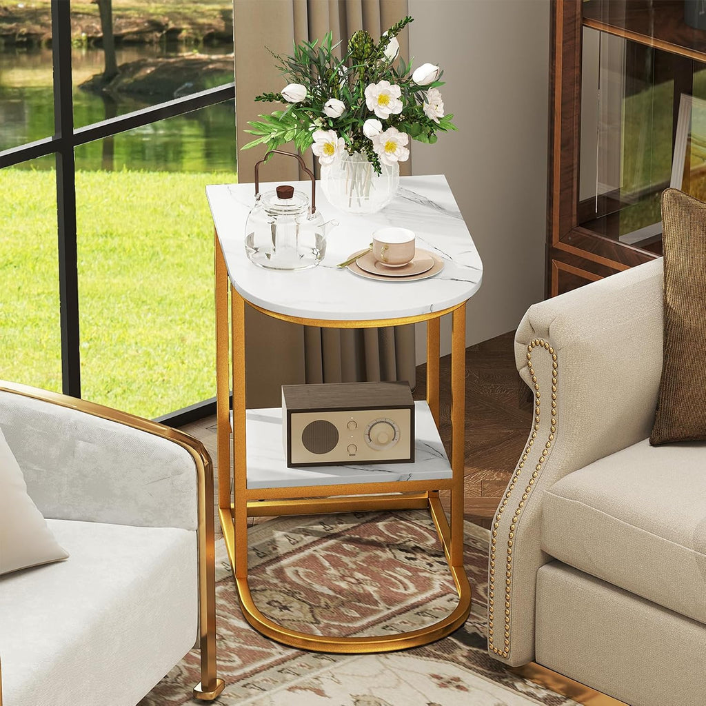 Giantex C Shaped End Table Set of 2, Modern Sofa Side Table with Faux Marble Tabletop & Storage Shelf, Slide Under Sofa Bed, 2-Tier Couch Table for Small Spaces Living Room Bedroom, White