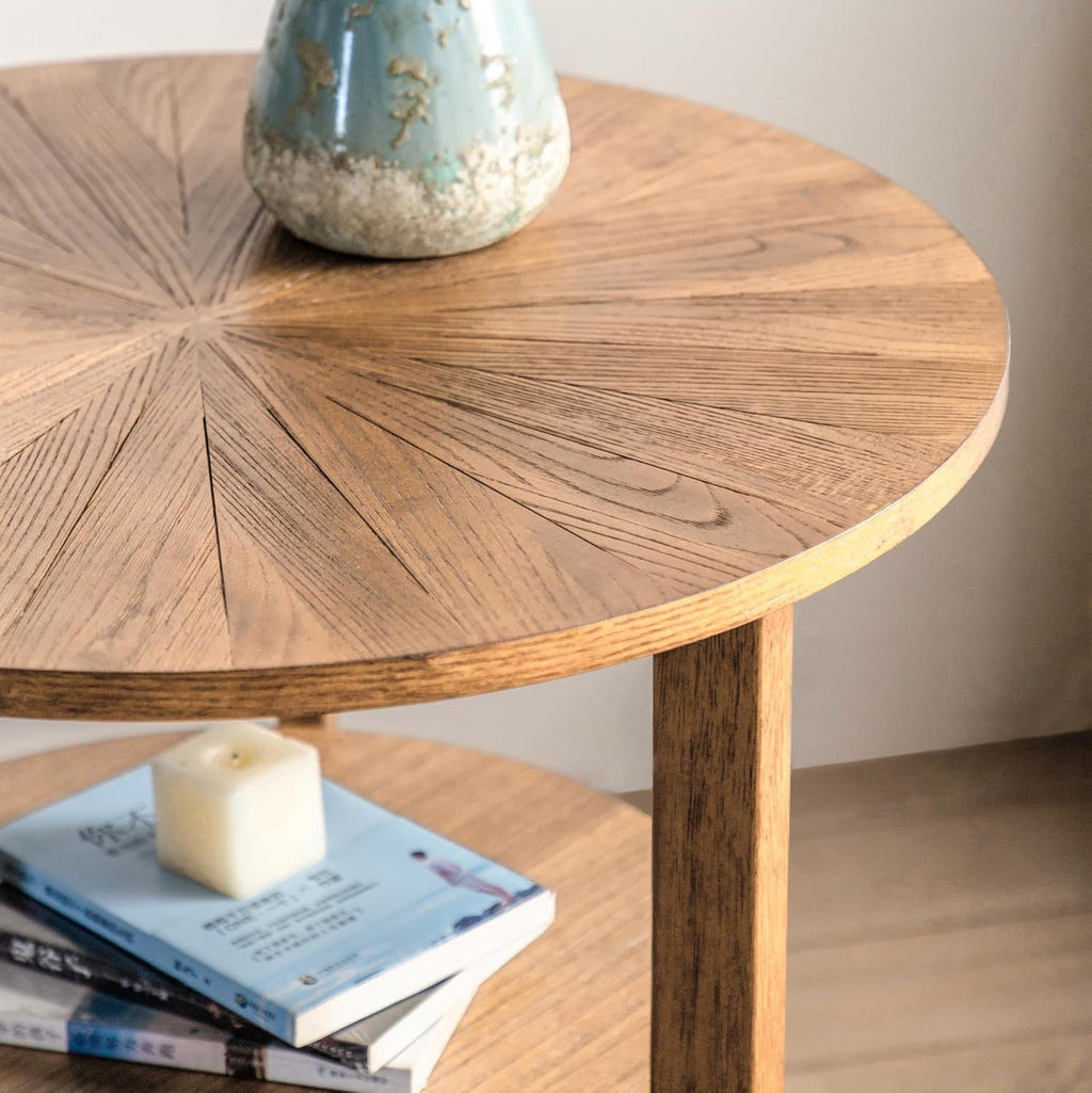 Gexpusm Round Wood End Table for Living Room, 2 Tier Farmhouse Circle Side Table, Rustic Mid-Century Wooden End Table for Apartment, Easy Assembly(25.20x25.20x24.21 in,Espresso)