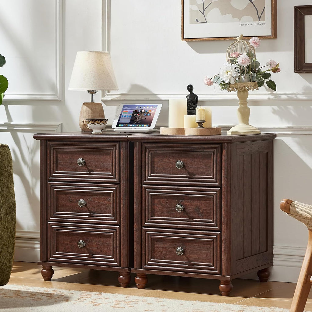RWYHG 18' Farmhouse Night Stand Set of 2, Walnut Wood Nightstand with 3 Drawers, Bedside End Table with Storage and Roman Column, Bed Side Tables Cabinet for Bedroom, Living Room, and Closet