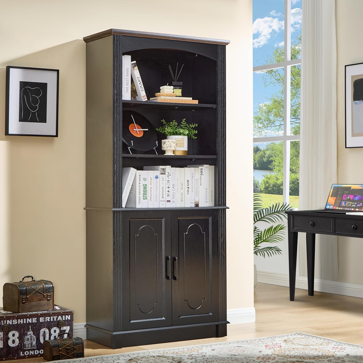 LIDYUK Black 5 Tier Book Shelf and Bookshelf with Storage Cabinet Doors, 72 Inch Tall Bookcase, Wooden Cube Storage Organizer, Bookshelf, Display Cabinet Furniture, Living Room, Pantry