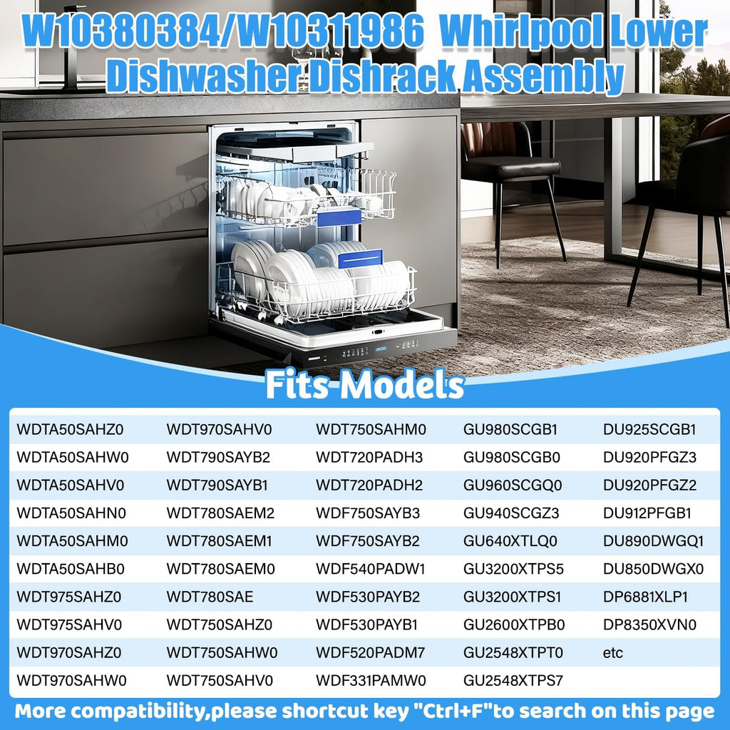 Upgrade W10311986 Dishwasher Lower Rack Replacement W10380384 Compatible with Whirlpool WDTA50SAHZ0 WDT750SAHZ0 WDT970SAHZ0 Dishwasher Parts,For Whirlpool W10380384 Bottom Dish Rack Assembly
