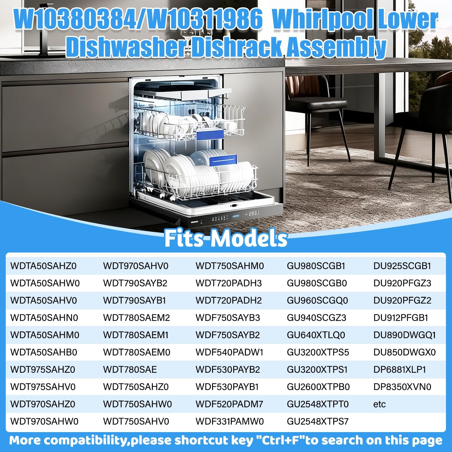 Upgrade W10311986 Dishwasher Lower Rack Replacement W10380384 Compatible with Whirlpool WDTA50SAHZ0 WDT750SAHZ0 WDT970SAHZ0 Dishwasher Parts,For Whirlpool W10380384 Bottom Dish Rack Assembly
