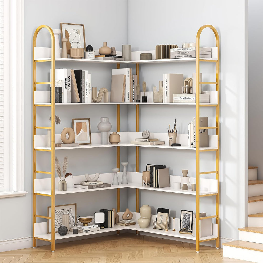 Nosepen Corner Bookshelf, 5 Tiers Tall Open Corner Etagere Bookcase Storage Organize, L-Shaped Large Corner Bookshelves, Corner Shelf Storage Display Rack with Metal Frame for Living Room Home Office
