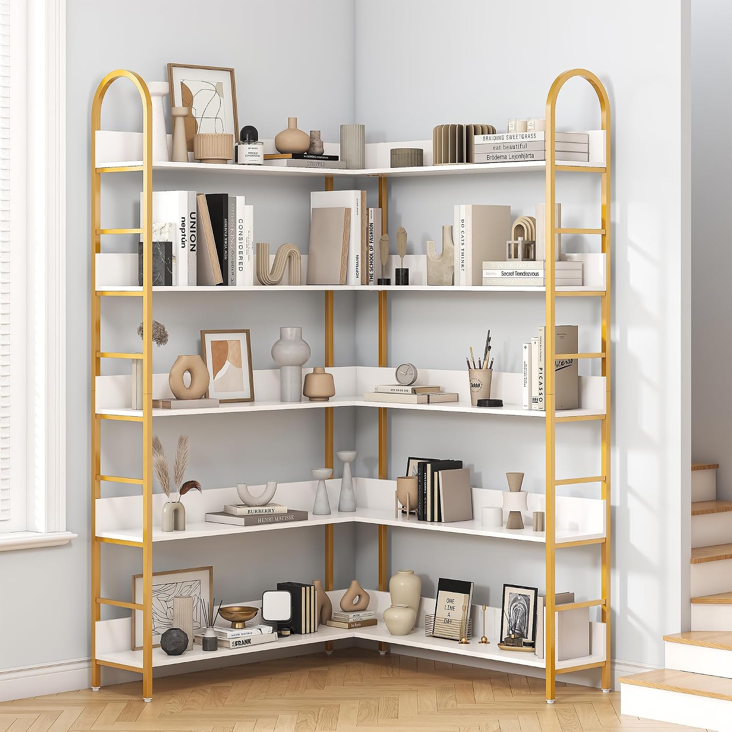 Nosepen Corner Bookshelf, 5 Tiers Tall Open Corner Etagere Bookcase Storage Organize, L-Shaped Large Corner Bookshelves, Corner Shelf Storage Display Rack with Metal Frame for Living Room Home Office