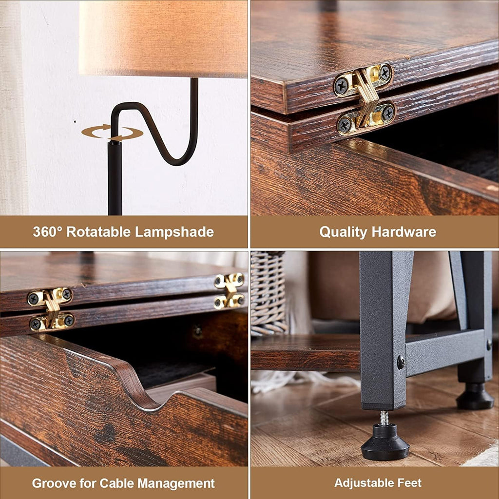 Dungoo Floor Lamp with Table, Narrow End Table with Lamp, Bedside Nightstand with USB & Type-C Ports and 2 Outlets, Rustic Side Table with Storage Shelf, End Table with Lamp for Living Room
