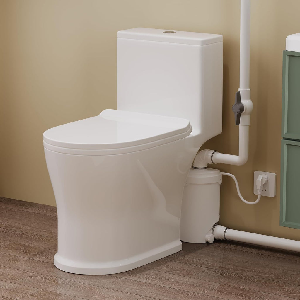 500Watt Skirted Macerating Toilet With Macerator Pump for Basement Upflush System, Included Dual-flush Water Tank, 16.5' Toilet Bowl, Toilet Seat, Household Residential One-Piece Toilet