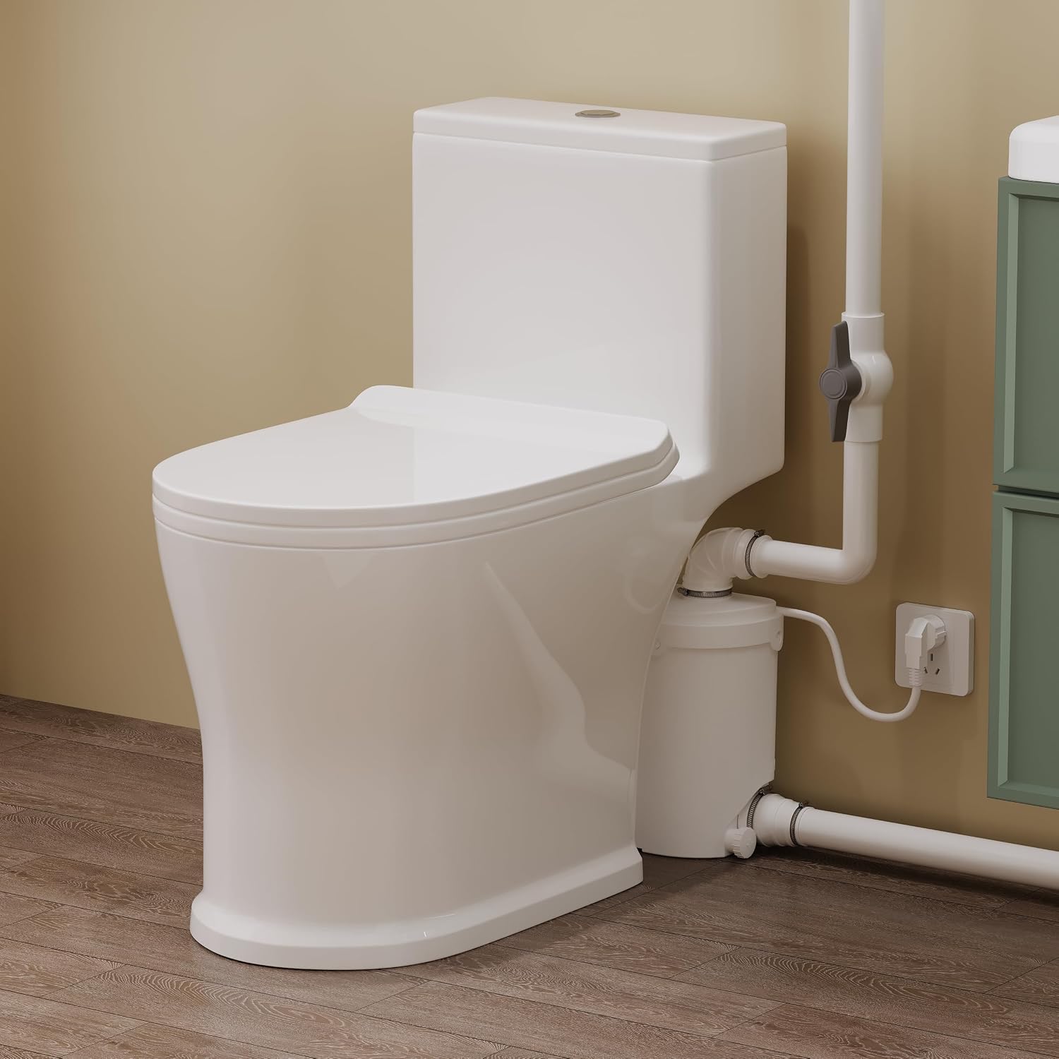 500Watt Skirted Macerating Toilet With Macerator Pump for Basement Upflush System, Included Dual-flush Water Tank, 16.5' Toilet Bowl, Toilet Seat, Household Residential One-Piece Toilet