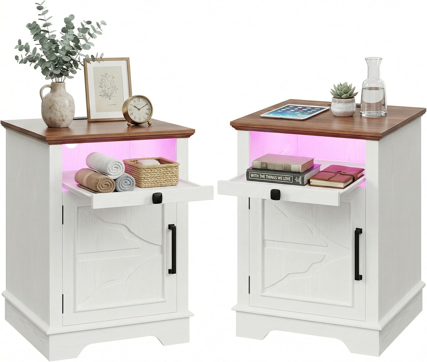 IRONCK Farmhouse End Table Set of 2, Nightstand with Charging Station and App Controlled LED, End Table with Storage for Bedroom Living Room,White