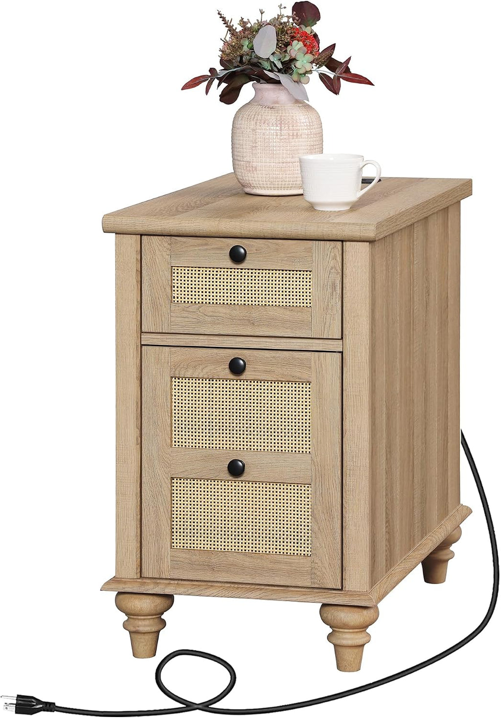 WAMPAT Tall Side Table with Charging Station, Rattan Night Stand with Drawer & Cabinet, Narrow Wooden End Table with Power Outlets & USB Ports for Living Room, Bedroom, Oak