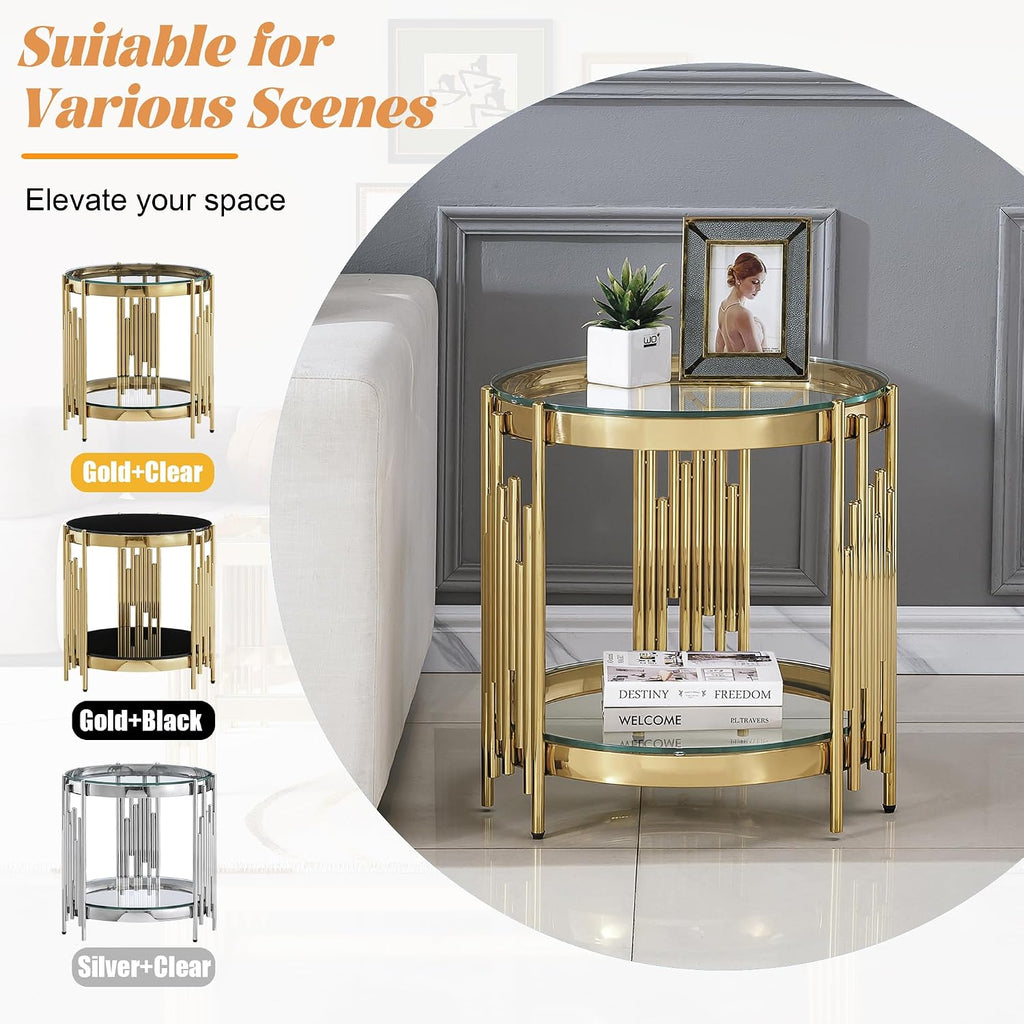 20' Round Glass End Table, 2-Tier Gold Side Table with Stainless Steel Legs and Clear Tempered Glass, Modern Luxury End Table for Living Room Home Office