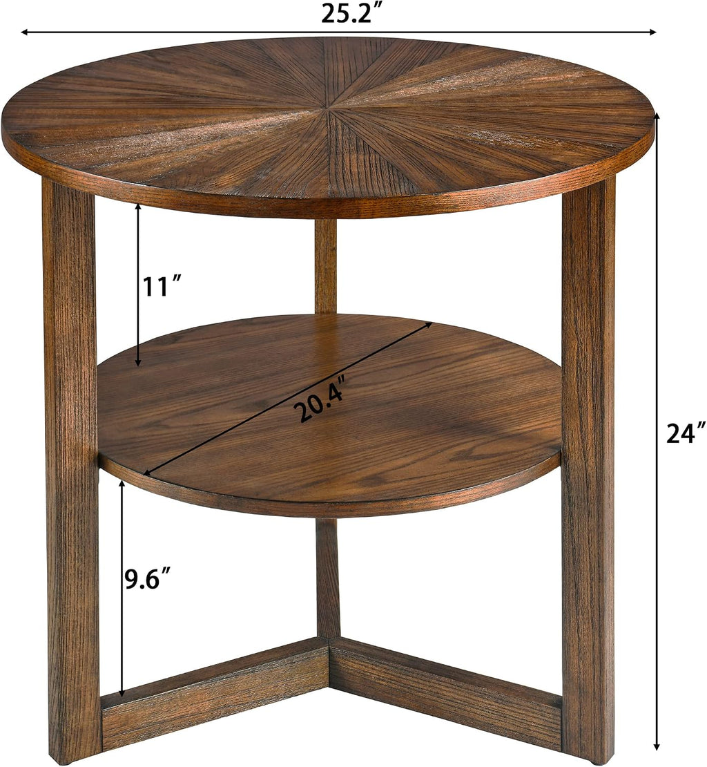 25.2' Large Round End Table with Storage Shelf, Farmhouse Beside Table with Wood Leg, Sofa Side Table, Telephone Table for Living Room, Easy Assembly Vintage Brown CJZ3338NC