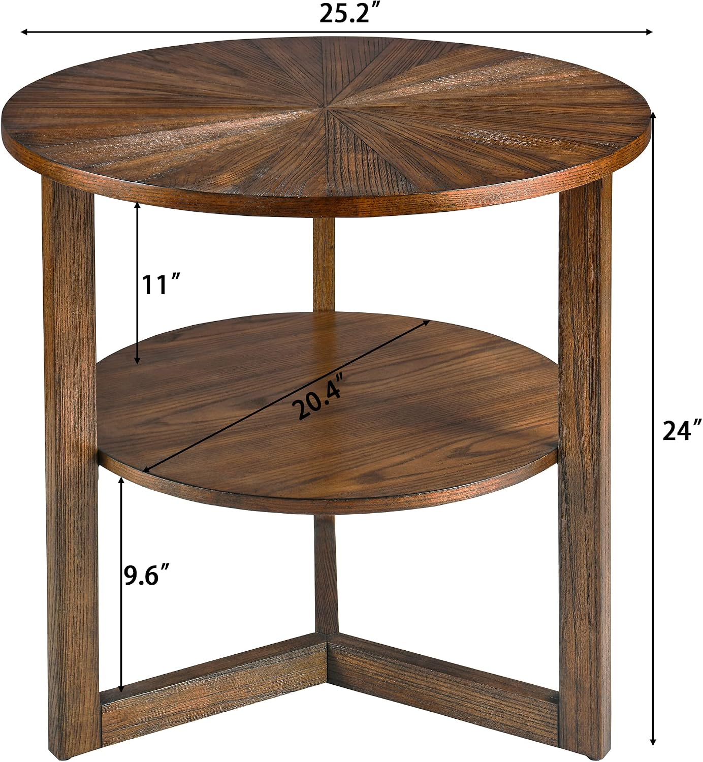 25.2' Large Round End Table with Storage Shelf, Farmhouse Beside Table with Wood Leg, Sofa Side Table, Telephone Table for Living Room, Easy Assembly Vintage Brown CJZ3338NC