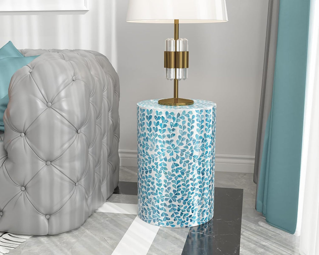 PEMAR Mother of Pearl Inlaid Cylinder Drum End Table Nacre Capiz Shell Side Table Stool Drum Accent Table Coffee Bedside Side Table Round Nightstand and Vanity Stool (Teal Floral)