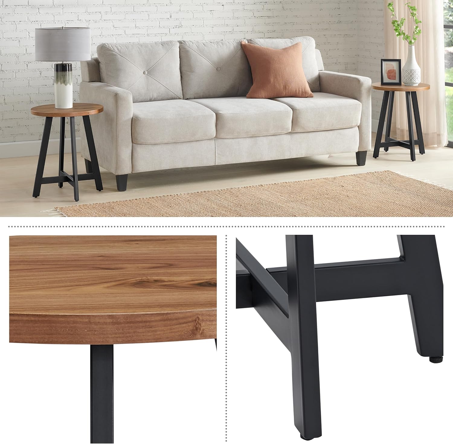 Alaterre Furniture End Table Set - Set of 2 Round Side Tables with MDF Tops and Metal Frames - for Living Room, Bedroom, or Dorm Room (Walnut)