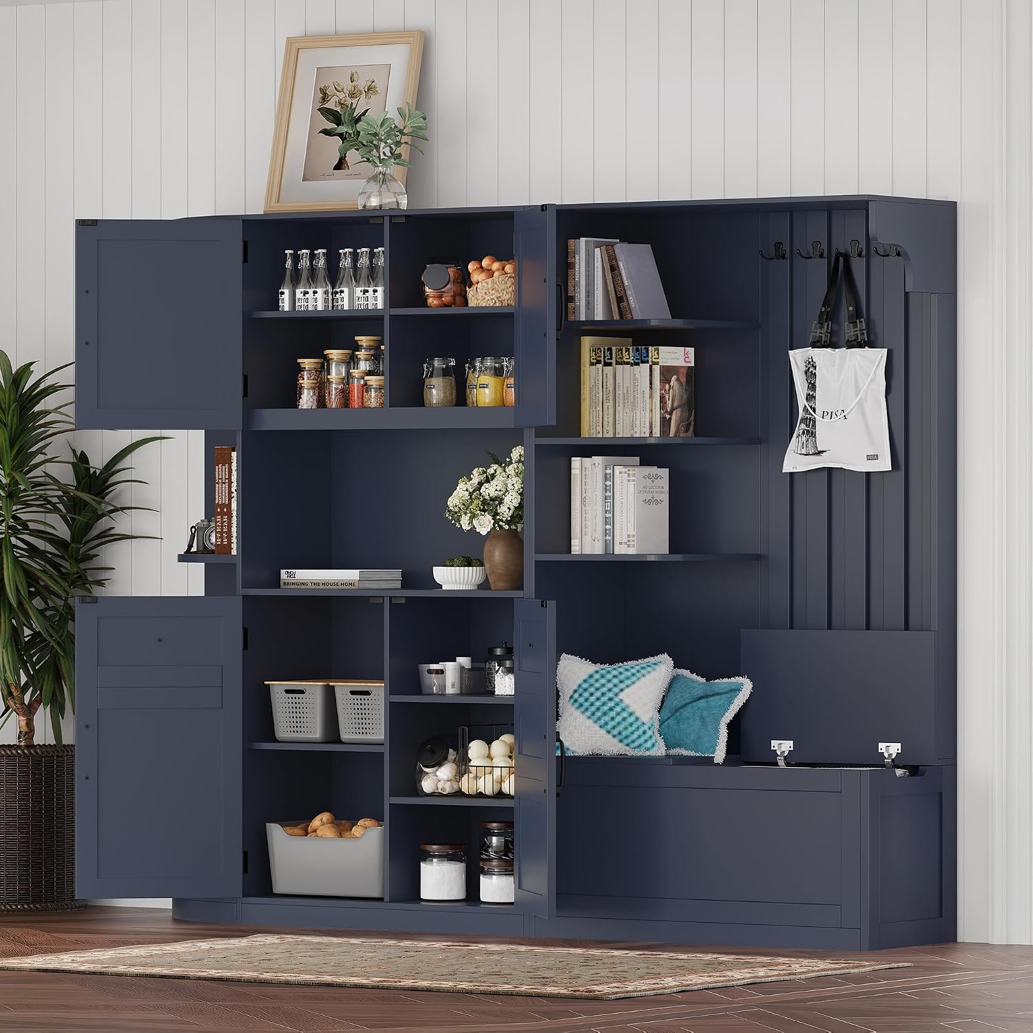 Multifunctional Hall Tree with Shoe Bench & Storage Cabinet,2-in-1 Left-Right L-Shaped Corner Entryway Cabinets with Coat Rack & Open Shelves,Modern Storage Organizer for,Living Room (Antique Blue)